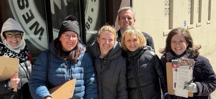 Vanesa Aronson (right) and campaign supporters including City Council Member Virginia Maloney (center).