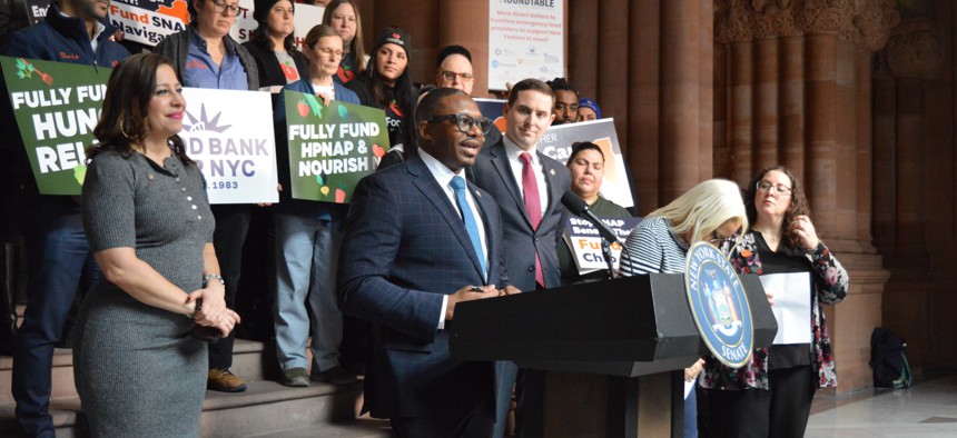 Hunger Solutions New York CEO Andrés Vives speaks at a rally in the Capitol on Jan. 28 during the group's anti-hunger advocacy day.