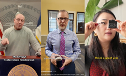 From left, Staten Island Borough President Vito Fossela, Comptroller Mark Levine, and City Council Member Julie Won are all trying out front-facing videos.
