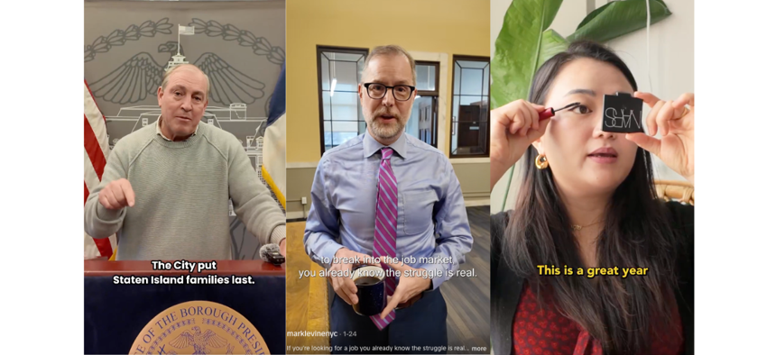 From left, Staten Island Borough President Vito Fossela, Comptroller Mark Levine, and City Council Member Julie Won are all trying out front-facing videos.
