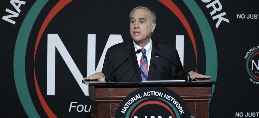 New York State Comptroller Thomas DiNapoli speaks at the National Action Network on April 11, 2024.