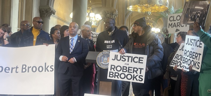 Assembly Member Erik Dilan and activists rally for prison reform on Jan. 27, 2025.
