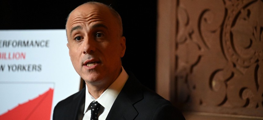 State comptroller candidate Drew Warshaw holds a news conference on Dec. 22, 2025.