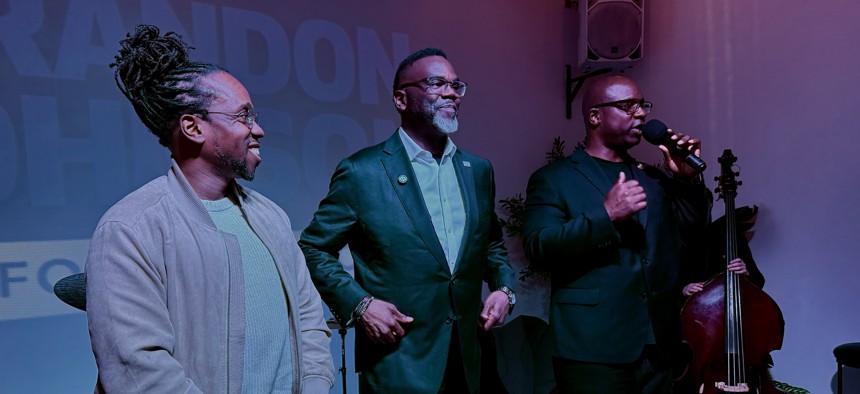 Chicago Mayor Brandon Johnson, center, attends a fundraiser in the South Bronx hosted by Working Families Party National Director Maurice Mitchell, left, and former Rep. Jamaal Bowman, right, on April 13, 2026.