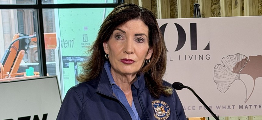 Gov. Kathy Hochul blamed climate activists for her proposal to roll back the 2019 Climate Leadership and Community Protection Act during a press conference on April 14, 2026.