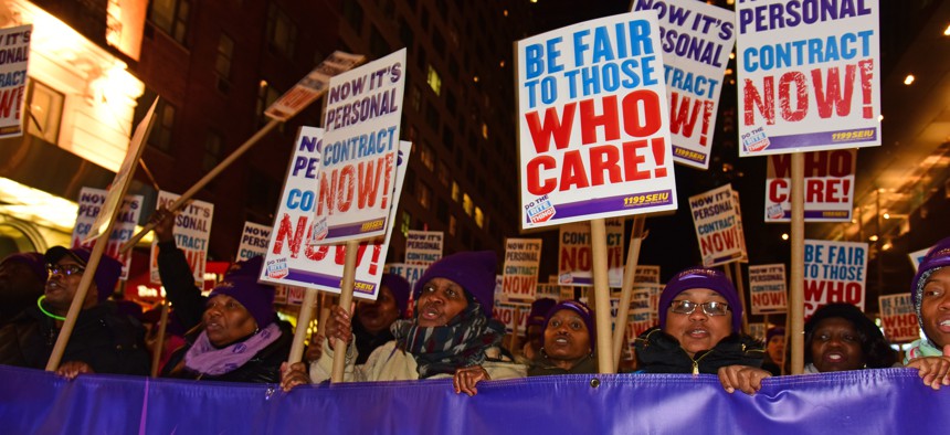 Members of 1199SEIU march in Manhattan against Rite Aid in 2016.