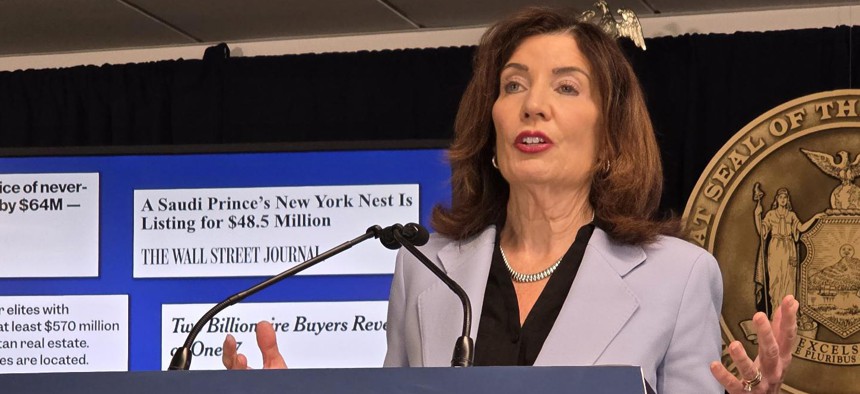 Gov. Kathy Hochul speaks at a press conference on April 15, 2026. 