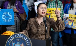 State Sen. Jessica Ramos speaks at a press conference on the Million Dollar Staircase in the Capitol on March 10, 2025.