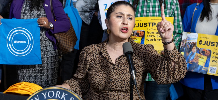 State Sen. Jessica Ramos speaks at a press conference on the Million Dollar Staircase in the Capitol on March 10, 2025.