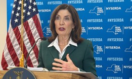 Gov. Kathy Hochul speaks to the press about her immigrant protection proposals on April 16, 2026.