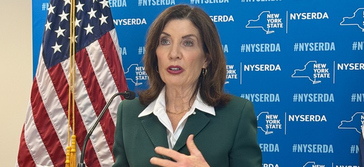 Gov. Kathy Hochul speaks to the press about her immigrant protection proposals on April 16, 2026.
