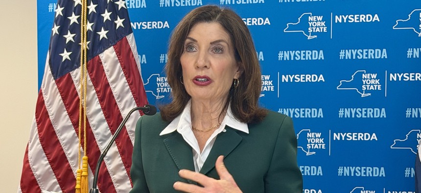 Gov. Kathy Hochul speaks to the press about her immigrant protection proposals on April 16, 2026.