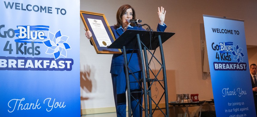 Gov. Kathy Hochul presents a proclamation declaring Child Abuse Prevention Awareness and Supporting Child and Family Well-Being Month on April 18, 2025 in Syracuse.