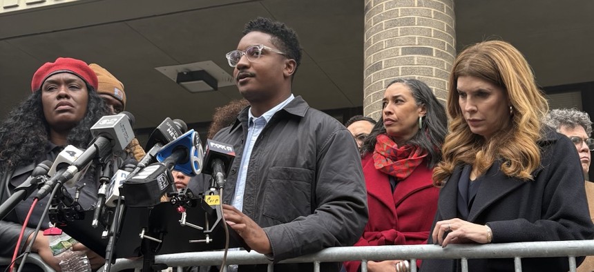 Council Member Chi Ossé was joined by colleagues after his arrest, including Council Speaker Julie Menin, right.