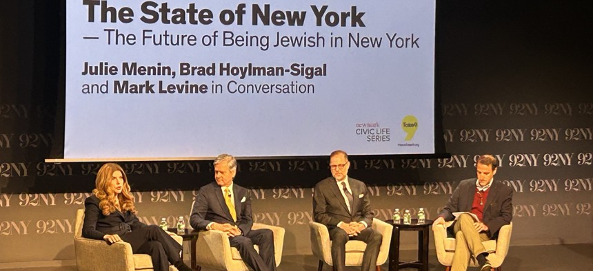 From left, Council Speaker Julie Menin, Manhattan Borough President Brad Hoylman-Sigal, and Comptroller Mark Levine spoke with moderator 92nd Street Y CEO Seth Pinsky.