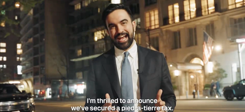 New York City Mayor Zohran Mamdani announces a proposed pied-à-terre tax in a video shot outside 220 Central Park South.