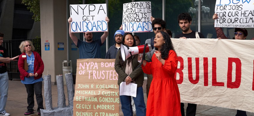 Assembly Member Sarahana Shrestha speaks at a rally for public renewables outside the New York Power Authority headquarters in White Plains on Sept. 24, 2024.