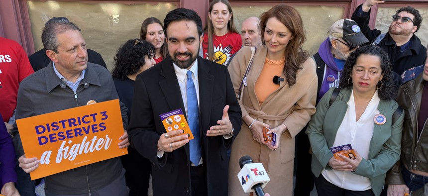 Former New York City Comptroller Brad Lander, New York City Mayor Zohran Mamdani and City Council Member Alexa Avilés campaign with Lindsey Boylan (second from right).