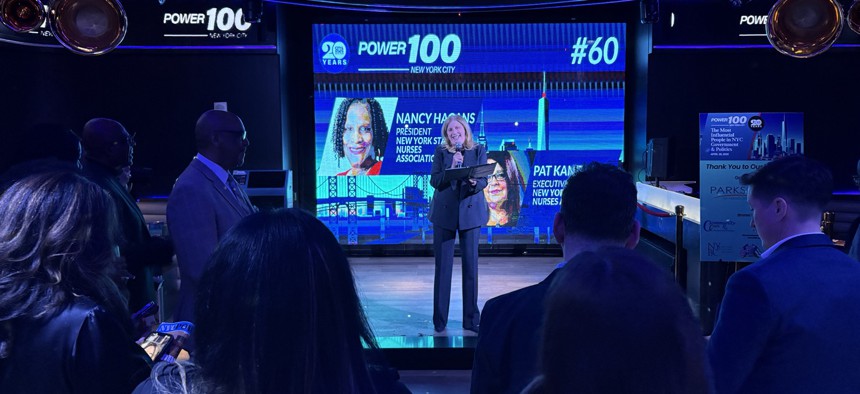 NYPD Commissioner Jessica Tisch tries her hand at standup comedy at City & State's New York City Power 100 reception.