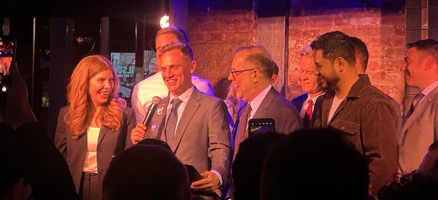 Carl Wilson declared victory on election night, surrounded by New York City Council Speaker Julie Menin, state Sen. Erik Bottcher, City Comptroller Mark Levine, Manhattan Borough President Brad Hoylman-Sigal and Council Members Justin Sanchez and Erik Dinowitz.
