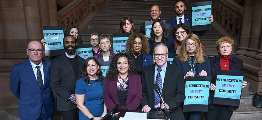 Surrounded by fellow lawmakers and advocates at the Capitol, state Sen. Nathalia Fernandez and Assembly Member Jeffrey Dinowitz call for passage of legislation making clear that intoxication is not consent.