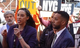 Council Member Sandy Nurse speaks at an “emergency rally” after an all-night protest against ICE at Wyckoff Heights Medical Center.