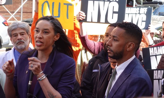 Council Member Sandy Nurse speaks at an “emergency rally” after an all-night protest against ICE at Wyckoff Heights Medical Center.