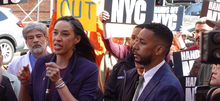 Council Member Sandy Nurse speaks at an “emergency rally” after an all-night protest against ICE at Wyckoff Heights Medical Center.