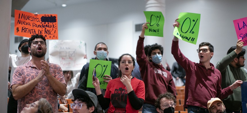 Protesters call for a rent freeze at a 2023 Rent Guideline Board Meeting