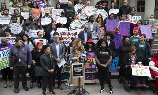 City Council Speaker Julie Menin spoke at a rally ahead of a hearing on Fair Fares Wednesday.