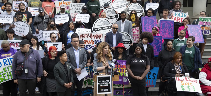City Council Speaker Julie Menin spoke at a rally ahead of a hearing on Fair Fares Wednesday.