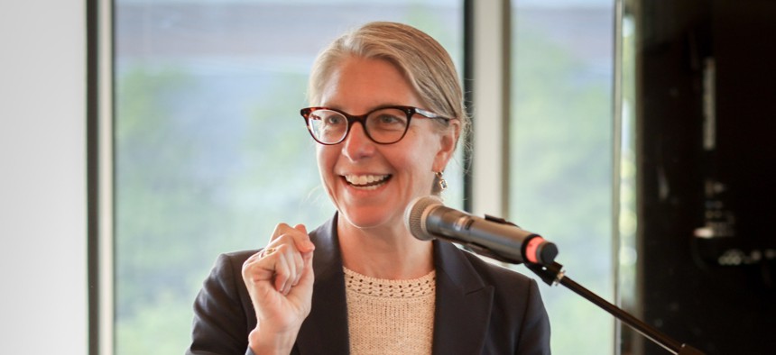 New York State Homes and Community Renewal Commissioner RuthAnne Visnauskas delivers the keynote speech at City & State’s Affordable Housing Summit at the Museum of Jewish Heritage on May 7, 2026.