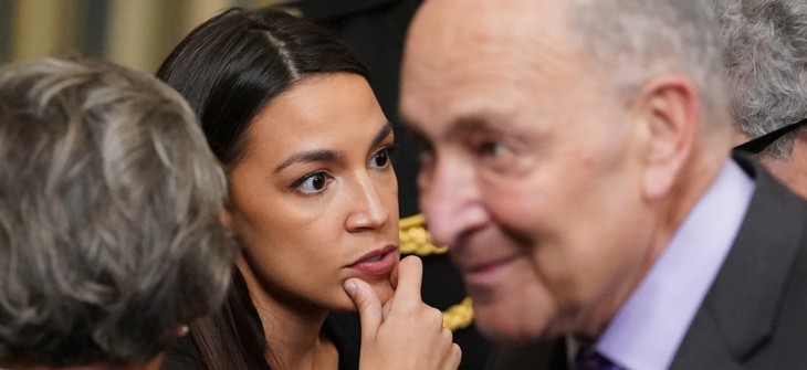 Rep. Alexandria Ocasio-Cortez, center, must decide whether to challenge Senate Minority Leader Chuck Schumer, right, in 2028.