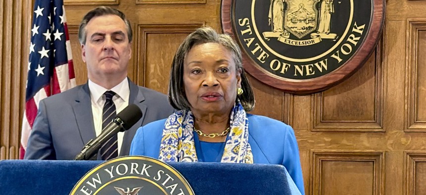 State Senate Majority Leader Andrea Stewart Cousins that she still has not seen details on Gov. Kathy Hochul’s pied-à-terre proposal.