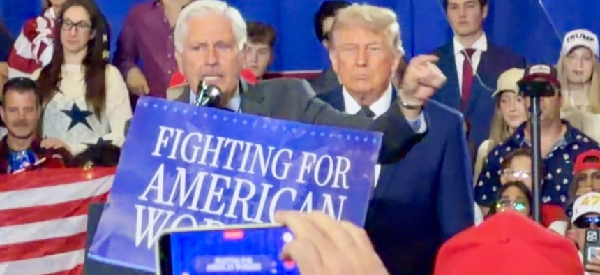 President Donald Trump, right, and Republican gubernatorial candidate Bruce Blakeman speak to over 1,500 supporters at a campaign event for Rep. Mike Lawler held at Rockland County Community College on May 22, 2026.