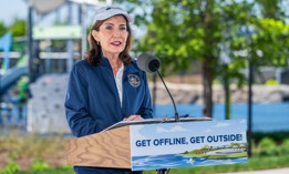 Gov. Kathy Hochul, seen speaking at an unrelated event in Buffalo last week, made a hard push to make changes to the state’s climate law in this year’s budget.