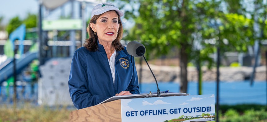 Gov. Kathy Hochul, seen speaking at an unrelated event in Buffalo last week, made a hard push to make changes to the state’s climate law in this year’s budget.