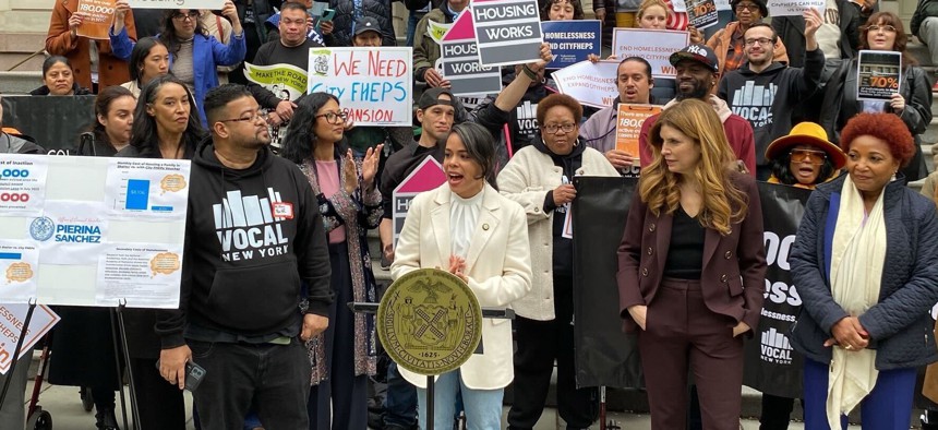 New York City Council Member Pierina Sanchez speaks at a rally in support of CityFHEPS expansion.