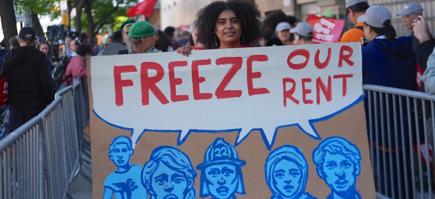 Tenant advocates call for a rent freeze outside a preliminary Rent Guidelines Board meeting at LaGuardia Community College in Long Island City on May 7, 2026.