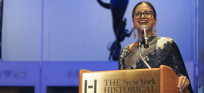 New York City Council Member Shahana Hanif, the first Bangladeshi and Muslim woman elected to the City Council, attends the opening of “The New York Sari” exhibition at The New York Historical.