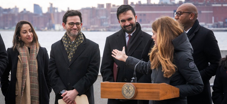 City Council Speaker Julie Menin attends a junk fees presser with DCWP Commissioner Sam Levine, second from left, and Mayor Zohran Mamdani.