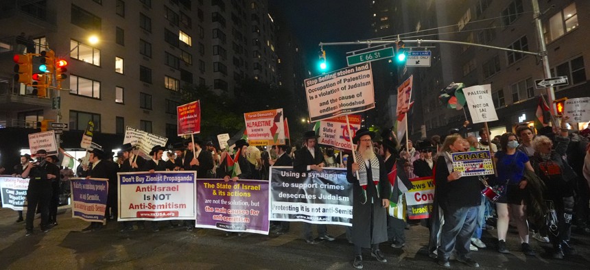 Pro-Palestinian demonstrators protest the “Great Israel Real Estate” event at Park East Synagogue in Manhattan on May 5, 2026.