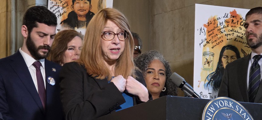 Assembly member Linda Rosenthal speaks in Albany at a rally for the New York for All Act on April 1.
