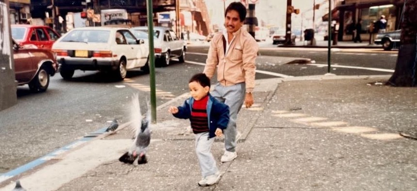 Steven Raga, age 6, with his father Andres Raga in Woodside, Queens, in 1990.