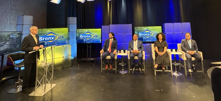From left, BronxNet moderator Gary Axelbank, candidates Oscar Romero, Adriano Espaillat, Darializa Avila Chevalier and Theo Chino-Alvarez