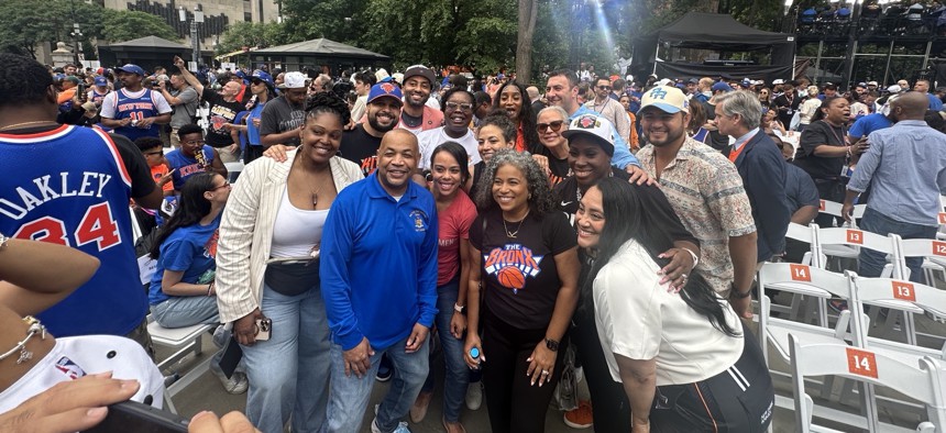 Bronx elected officials including, from left: Assembly Member Chantal Jackson, Assembly Member John Zaccaro, Assembly Speaker Carl Heastie, state Sen. Jamaal Bailey, Council Members Althea Stevens and Pierina Sanchez, state Sen. Nathalia Fernandez, Assembly Member Karines Reyes, Council Member Eric Dinowitz, Council Member Shirley Aldebol, Bronx Borough President Vanessa Gibson, Council Member Justin Sanchez and Council Member Amanda Farías.