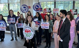 Lefty elected officials including Rep. Alexandria Ocasio-Cortez and then-Assembly Member Zohran Mamdani rallied in the Bronx for the Not on Our Dime act on May 20, 2024. 