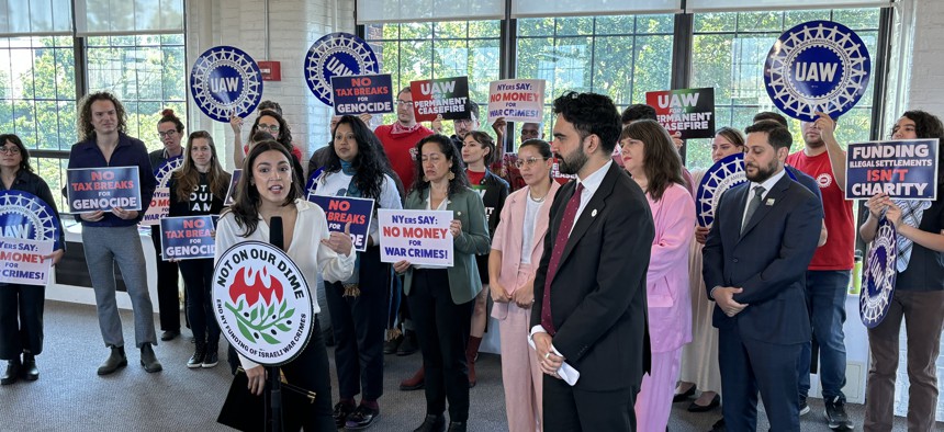 Lefty elected officials including Rep. Alexandria Ocasio-Cortez and then-Assembly Member Zohran Mamdani rallied in the Bronx for the Not on Our Dime act on May 20, 2024.