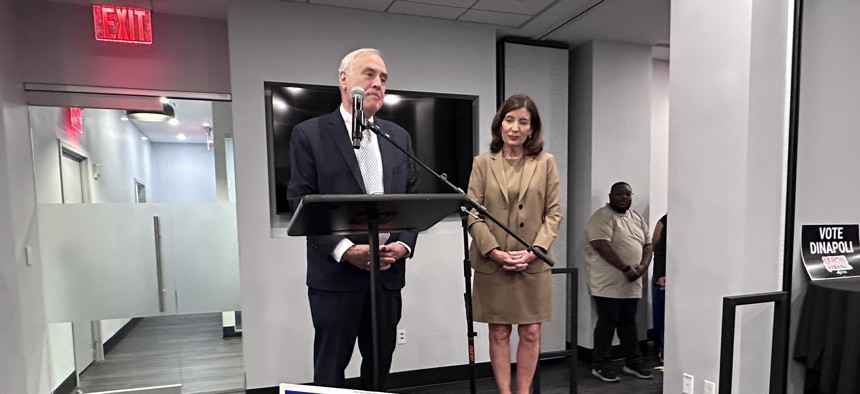 State Comptroller Tom DiNapoli celebrated his primary win with Gov. Kathy Hochul at his side.