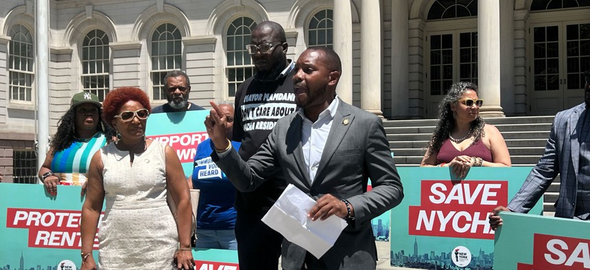 Council Members Mercedes Narcisse and Chris Banks call for more resources for NYCHA and more rental assistance.